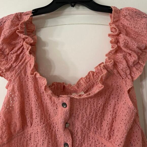 Pol Pink Embroidered Ruffle Cap Sleeve Smocked Cropped Top Large Coquette - Picture 4 of 11